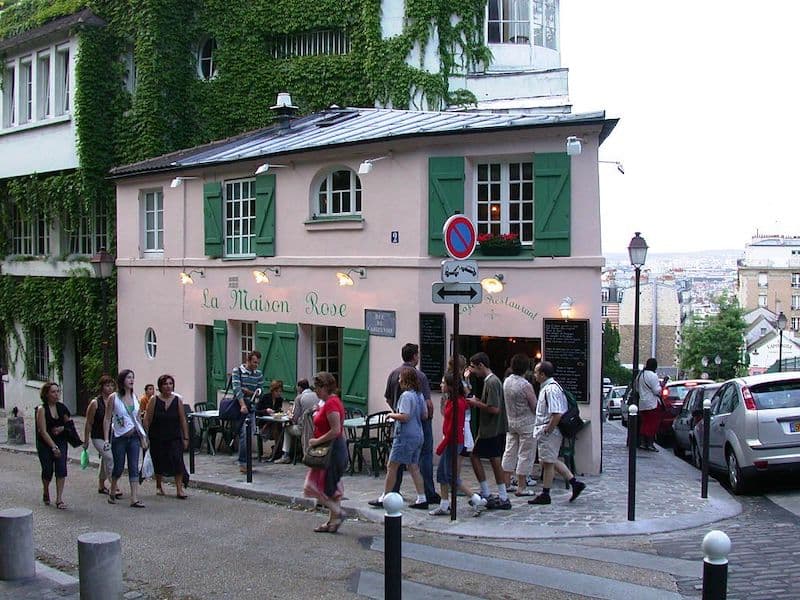 The exterior of restaurant La Maison Rose in the Montmartre neighborhood of Paris.