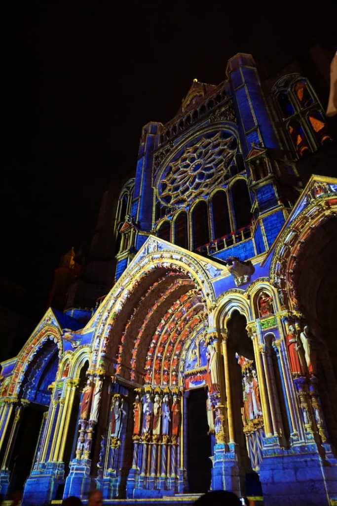 Chartres Cathedral lit up in light during La Fête de la Lumière