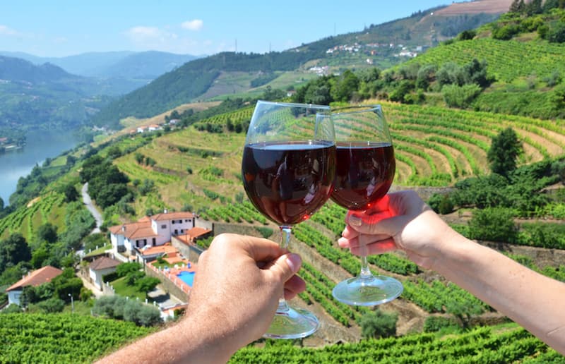 Two wine glasses toasting with vineyards and the Douro River in the distance