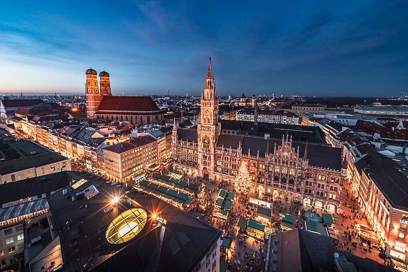 Aerial shot of the Marienplatz Christkindlesmarkt in Munich