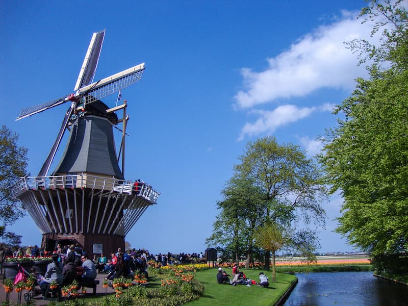 Windmill and canal at Keukenhof Gardens