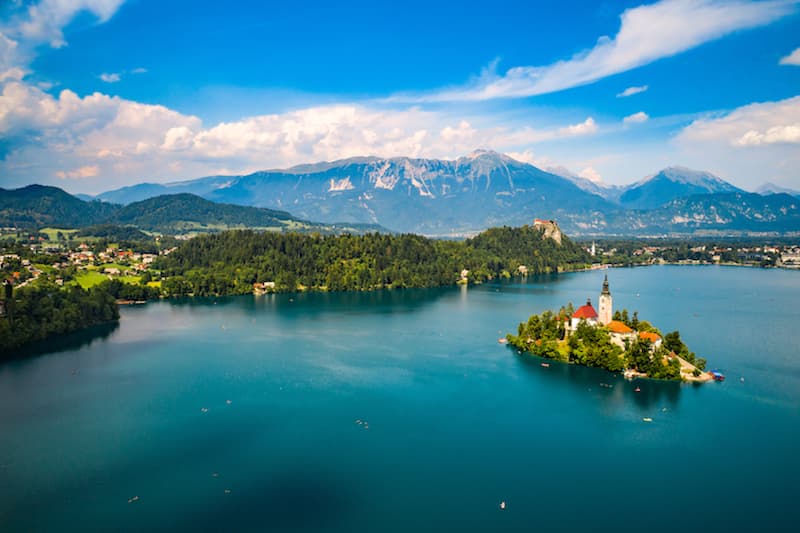 Aerial shot of Lake Bled in Slovenia