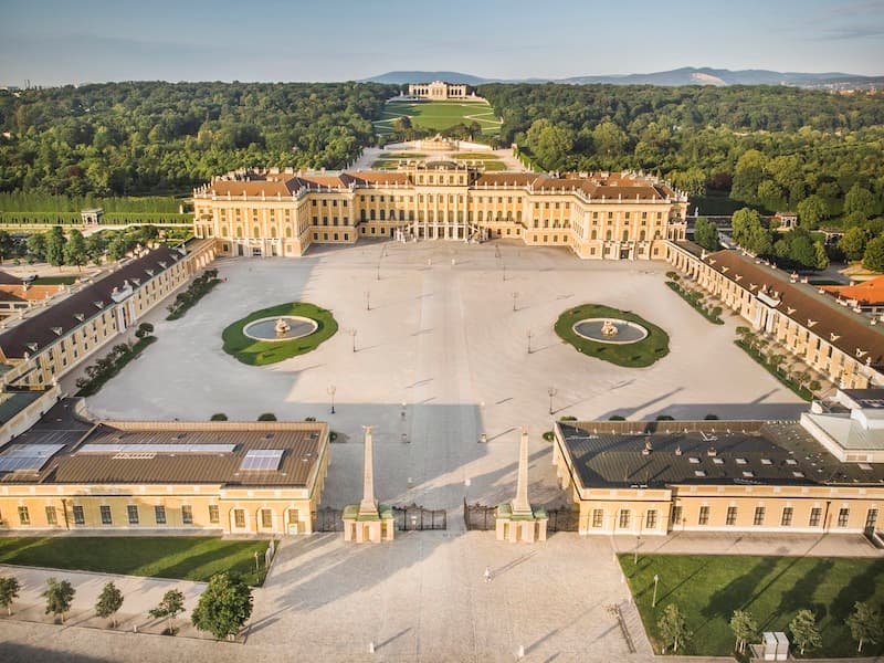 Aerial view of the Schönbrunn Palace and grounds in Vienna, Austria