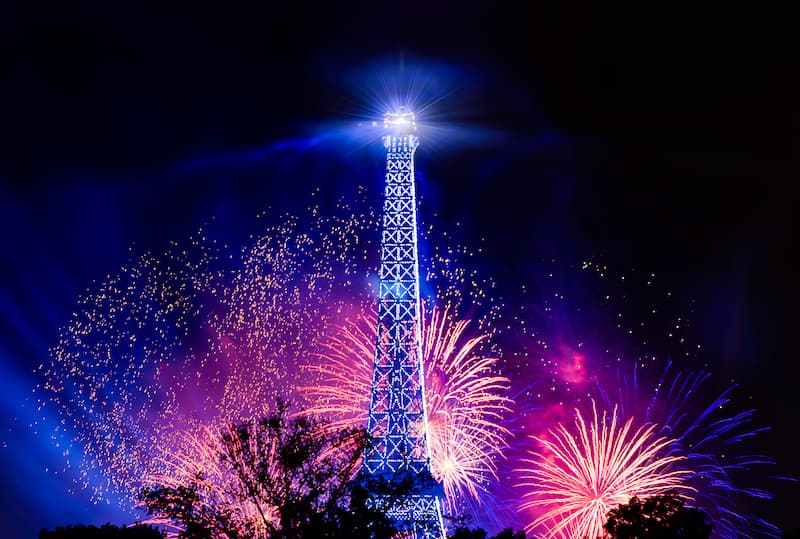 Fireworks display behind the Eiffel Tower in Paris