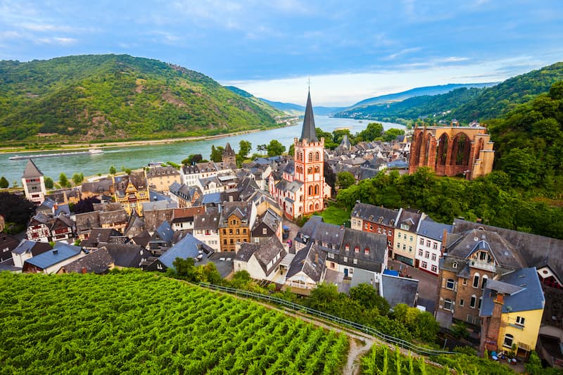 Aerial view of Bacharach, Germany and the Rhine River.