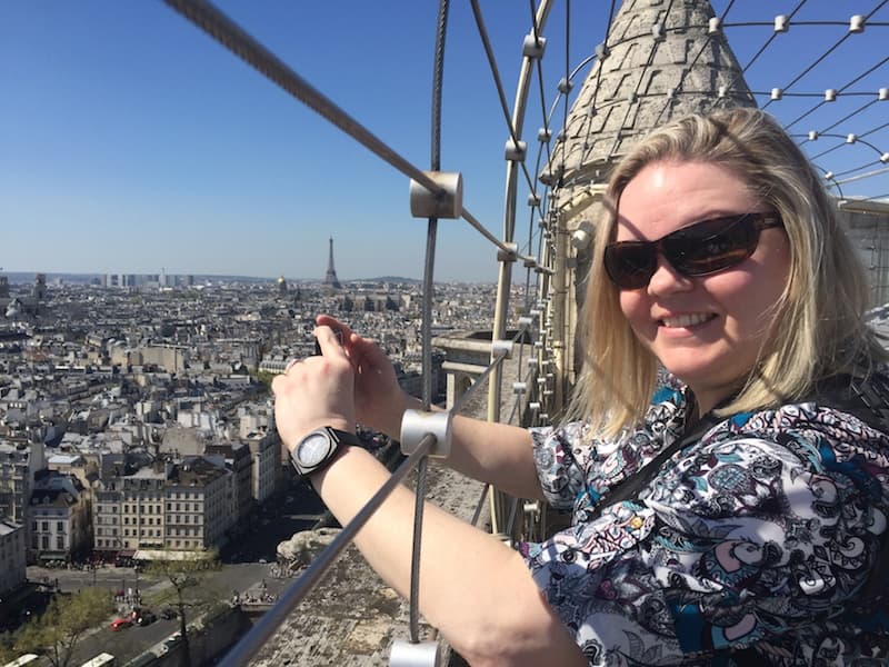 Clarice at the top of the Notre Dame Cathedral in Paris