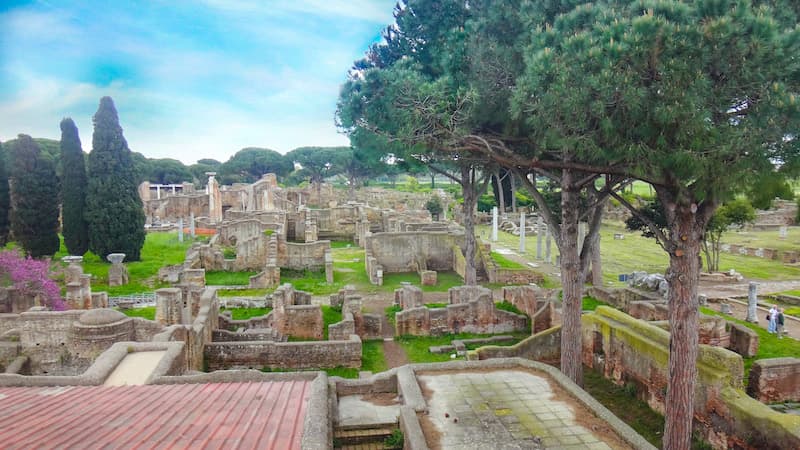 Aerial view over the ruins of Ostia Antica in Rome