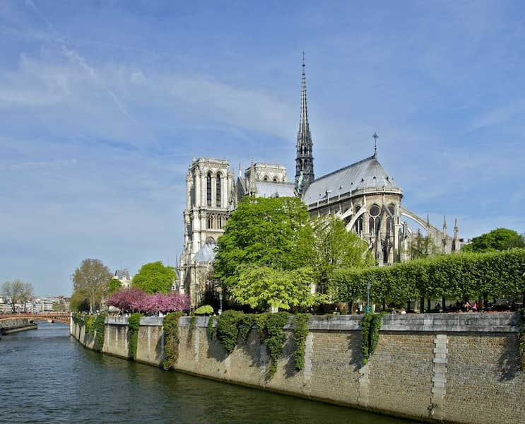 The Notre Dame Cathedral and Seine River in Paris, France.