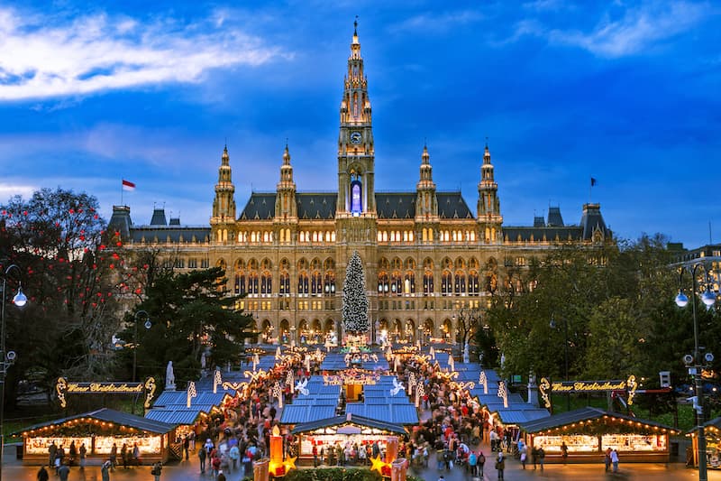Exterior view of the Christmas market outside of Vienna's City Hall