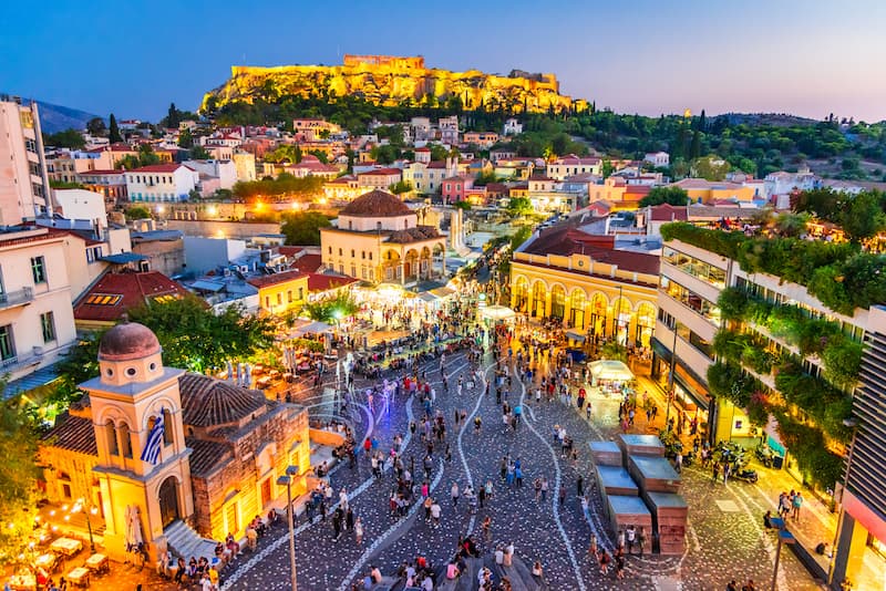 Aerial view over Athen's Monastiraki Square and the Acropolis